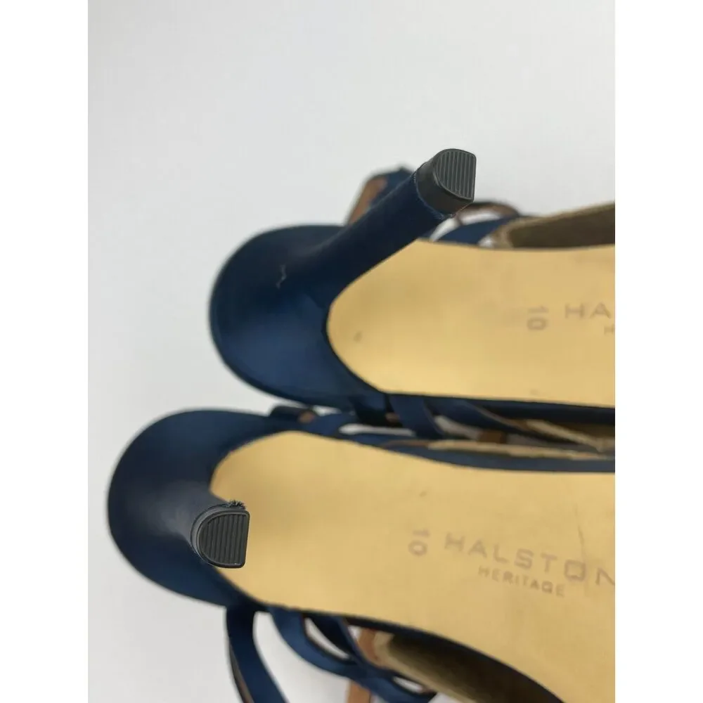 ~ NEW* 10 Halston Heritage Bette Strappy Stiletto Heels Blue Navy Satin Pumps* - Picture 5 of 16